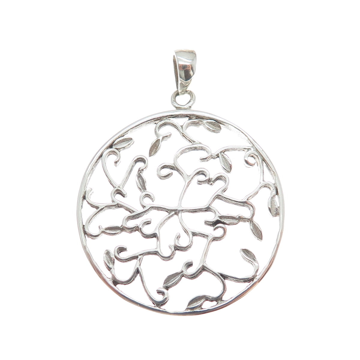 925 Sterling Silver Floral Leaf Scroll Round Charm Pendant
