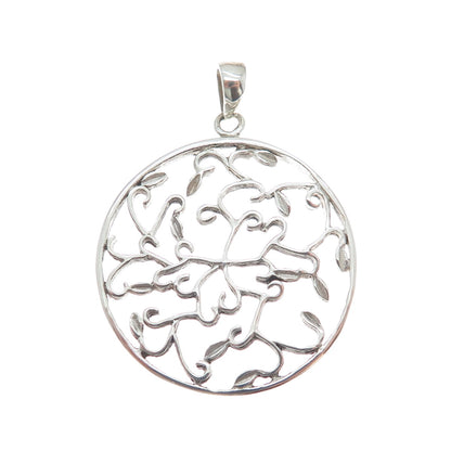 925 Sterling Silver Floral Leaf Scroll Round Charm Pendant