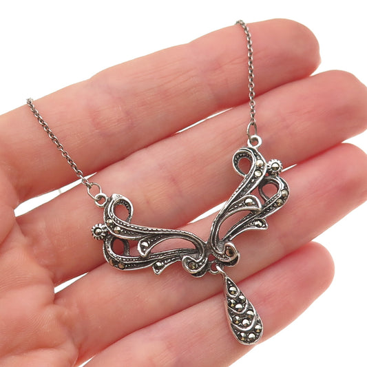 925 Sterling Silver Vintage Real Marcasite Oxidized Cable Chain Necklace 18"