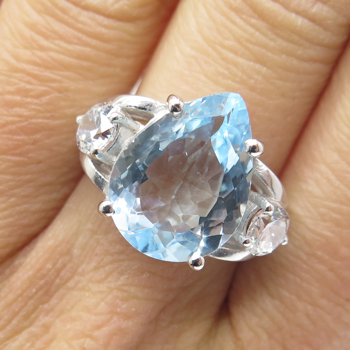 925 Sterling Silver Real Pear-Cut Blue Topaz & C Z Ring Size 7