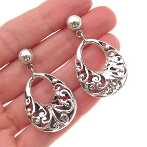925 Sterling Silver Vintage Floral Crescent Teardrop Dangle Earrings