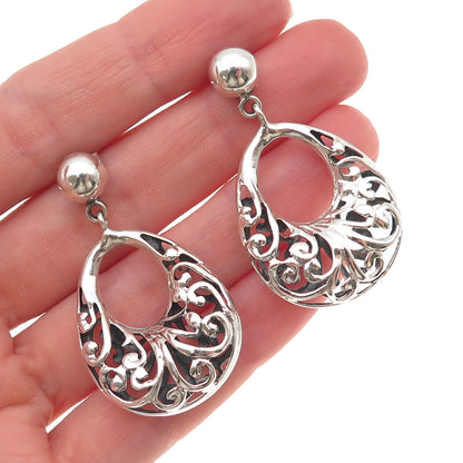 925 Sterling Silver Vintage Floral Crescent Teardrop Dangle Earrings