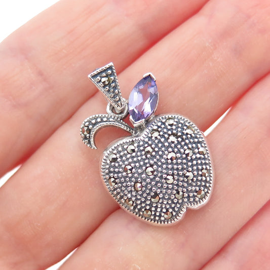 925 Sterling Silver Vintage Real Amethyst & Marcasite Apple Slide Pendant