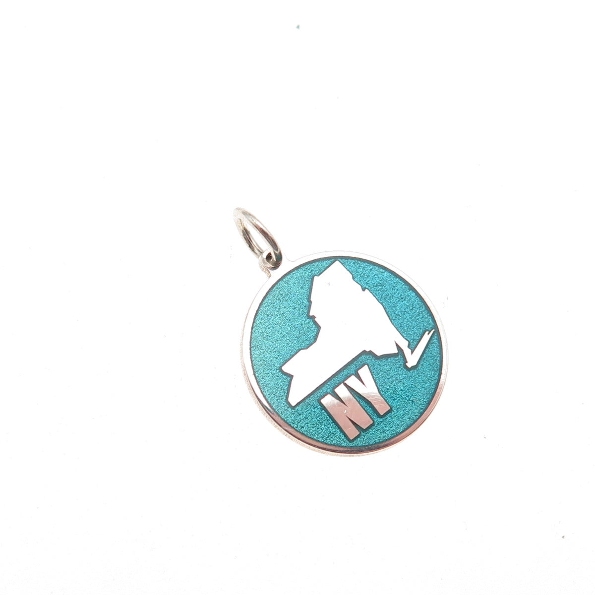 925 Sterling Silver Turquoise Enamel NY State Map Round Tag Mini Charm Pendant
