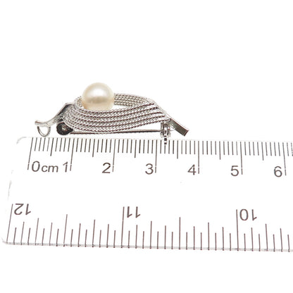 925 Sterling Silver Antique Art Deco Real Pearl Floral Pin Brooch