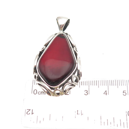 925 Sterling Silver Vintage Real Cherry Amber Modernist Floral Oxidized Pendant