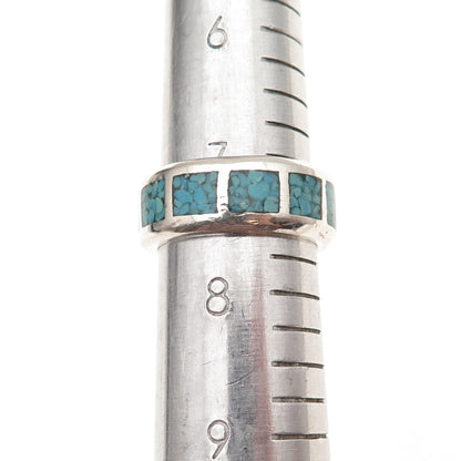 Old Pawn 925 Sterling Silver Vintage Turquoise Inlay Tribal Band Ring Size 7.75