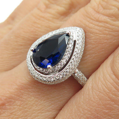 925 Sterling Silver Pear & Round-Cut Blue White C Z Ring Size 8