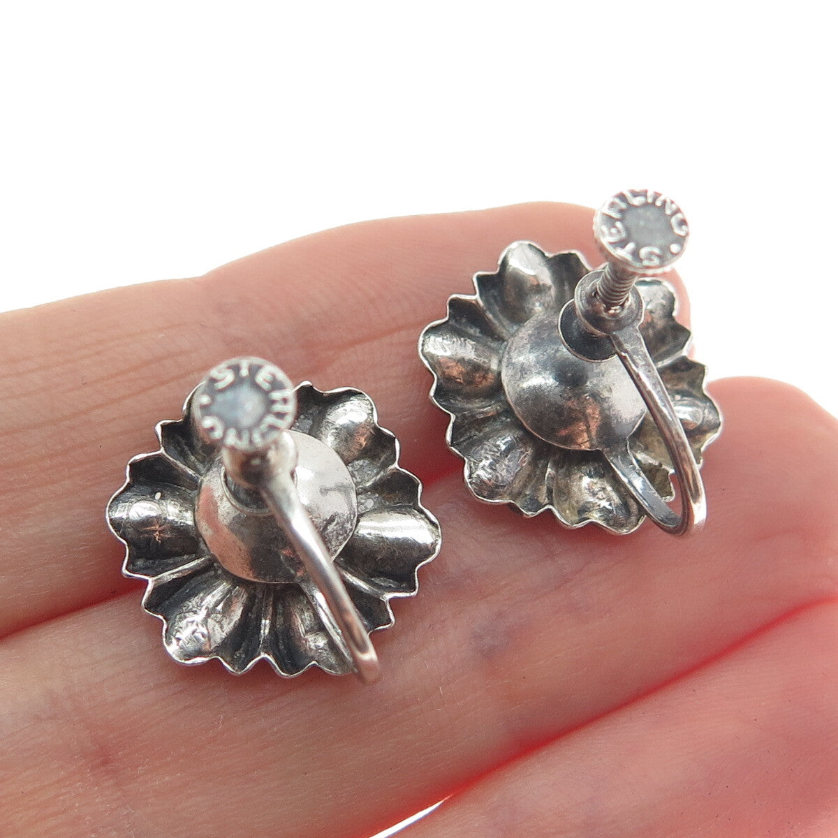925 Sterling Silver Antique Daisy Flower Screw Back Oxidized Earrings