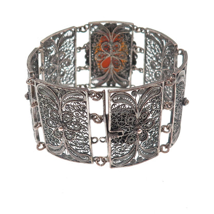 Silver-Tone Antique Art Deco Real MOP Cameo Filigree Panel Link Bracelet 8"