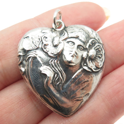 925 Sterling Silver Vintage Repousse Floral Lady Heart Oxidized Pendant