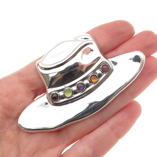 925 Sterling Silver Vintage Real Multi-Color Gem Hat Hollow Pin Brooch