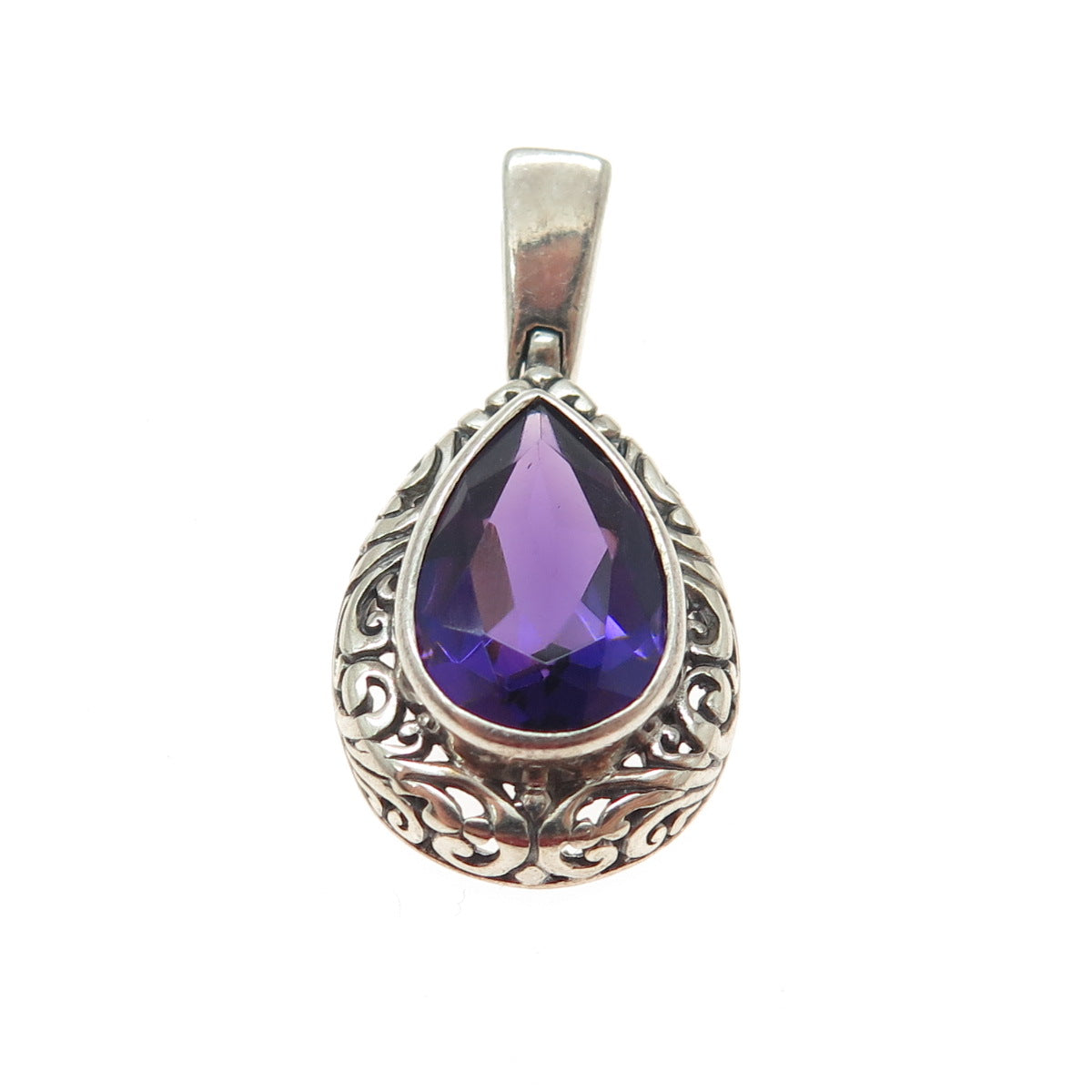 ATI 925 Sterling Silver Vintage Real Pear-Cut Amethyst Gem Swirl Ornate Pendant