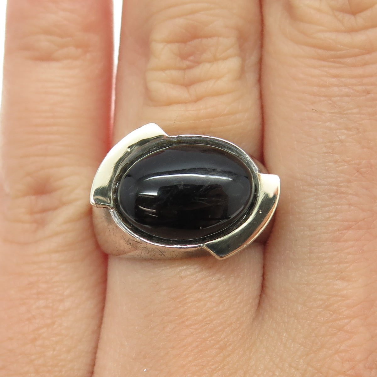 925 Sterling Silver 2-Tone Vintage Real Black Onyx Gemstone Ring Size 7