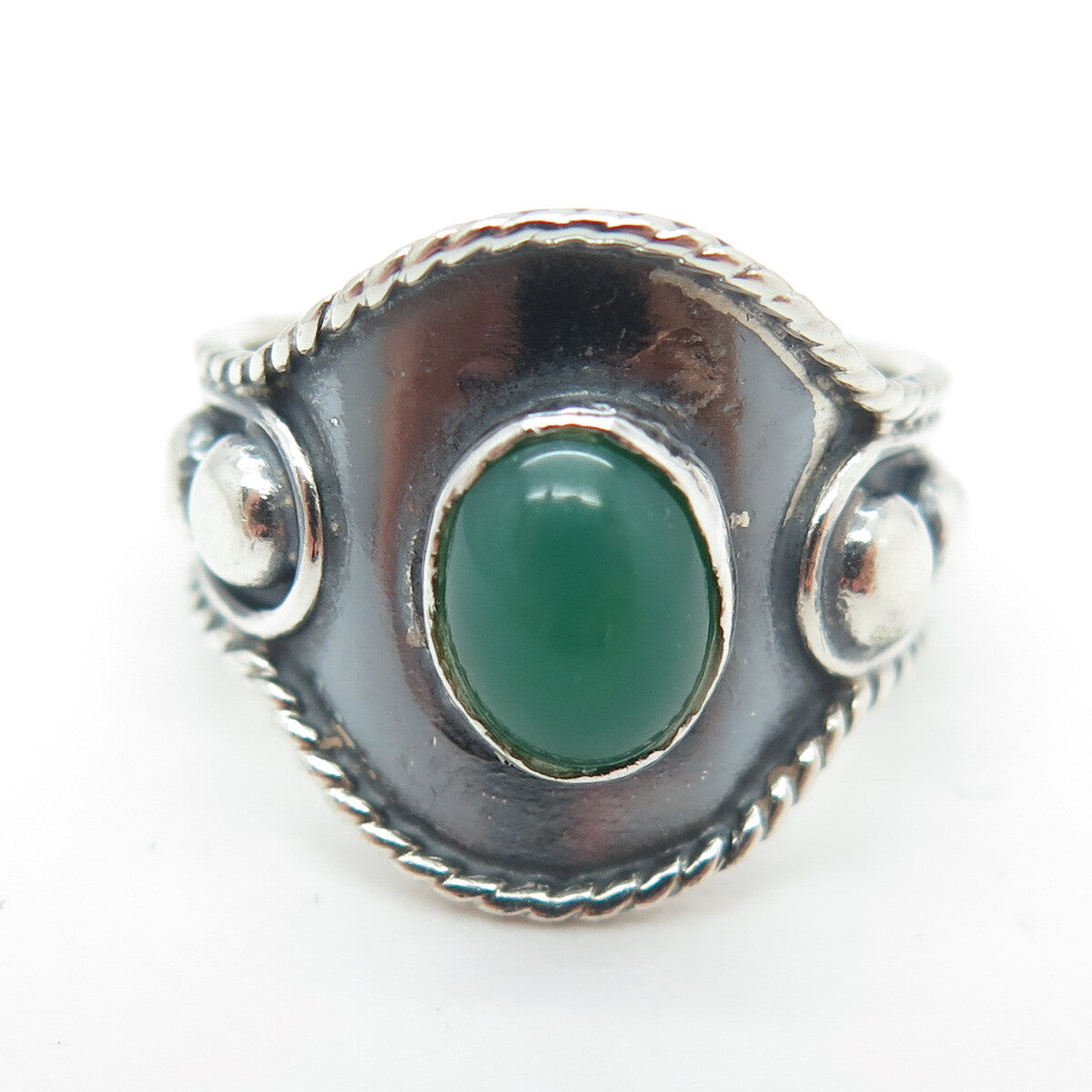 925 Sterling Silver Vintage Mexico Real Green Chalcedony Beaded Ring Size 5.25