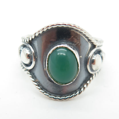 925 Sterling Silver Vintage Mexico Real Green Chalcedony Beaded Ring Size 5.25