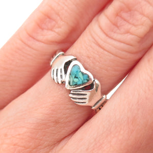 Old Pawn Sterling Silver Vintage Turquoise Inlay Irish Claddagh Ring Size 5.5