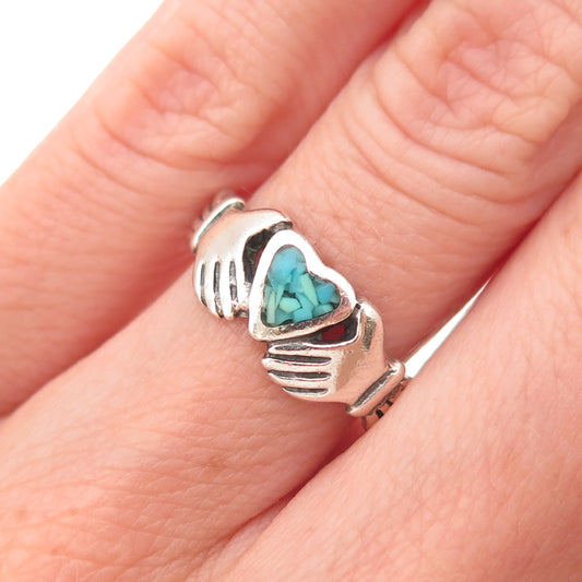 Old Pawn Sterling Silver Vintage Turquoise Inlay Irish Claddagh Ring Size 5.5