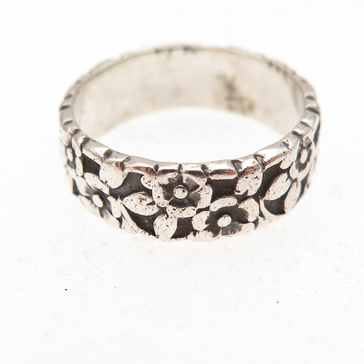 925 Sterling Silver Antique Art Deco Forget Me Not Floral Oxidized Ring Size 7