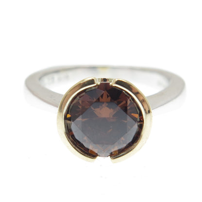 925 Sterling Silver 2-Tone Round-Cut Cognac & White C Z Ring Size 5