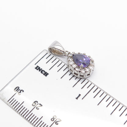 925 Sterling Silver White & Purple C Z Teardrop Charm Pendant
