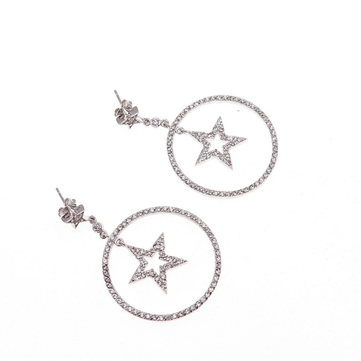 925 Sterling Silver Round-Cut C Z Star Dangle Earrings