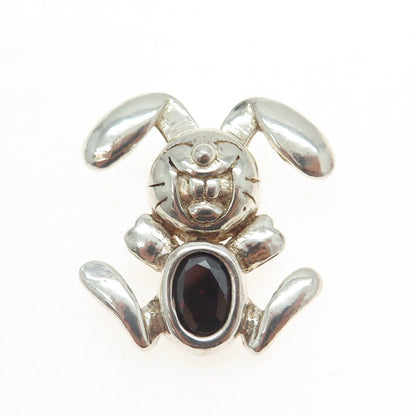925 Sterling Silver Vintage Real Red Garnet Gemstone Happy Rabbit Pendant