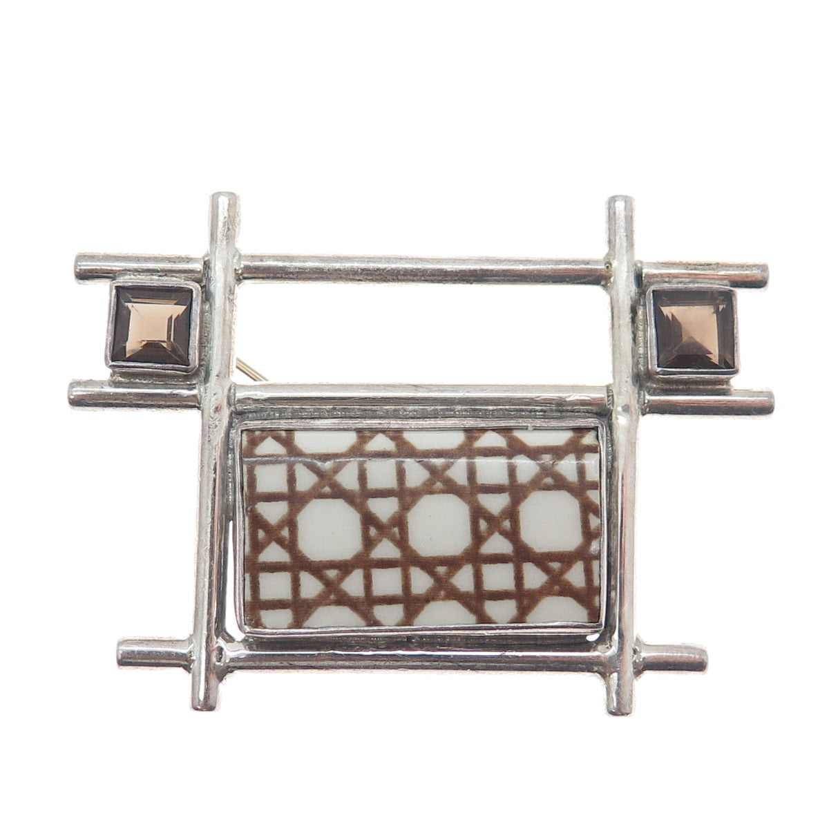 ECHO OF THE DREAMER 925 Sterling Silver Vintage Real Smoky Quartz Ceramic Brooch