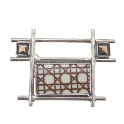 ECHO OF THE DREAMER 925 Sterling Silver Vintage Real Smoky Quartz Ceramic Brooch