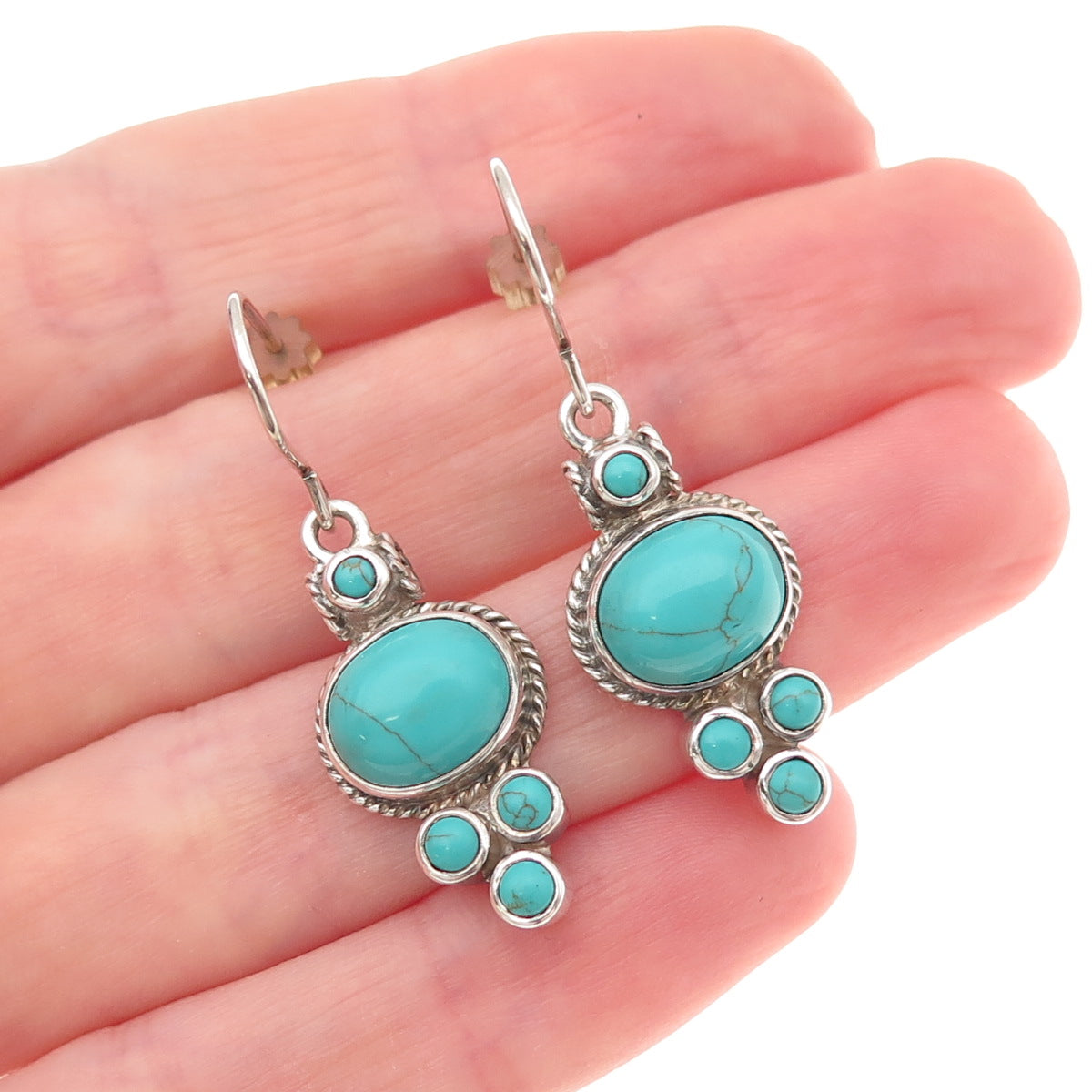 925 Sterling Silver Vintage Real Turquoise Oxidized Dangle Earrings