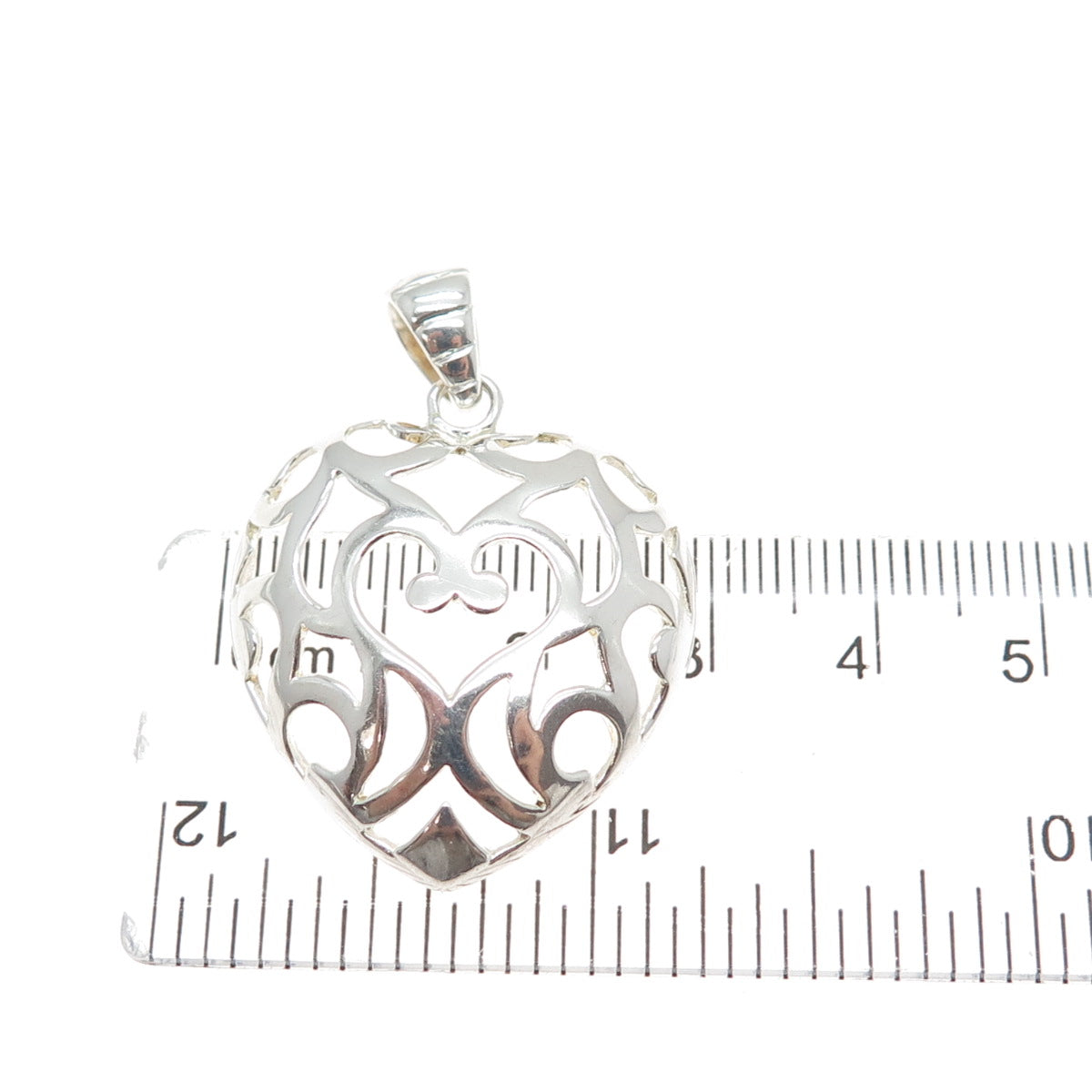 925 Sterling Silver Vintage Italy Ornate Heart Charm Pendant