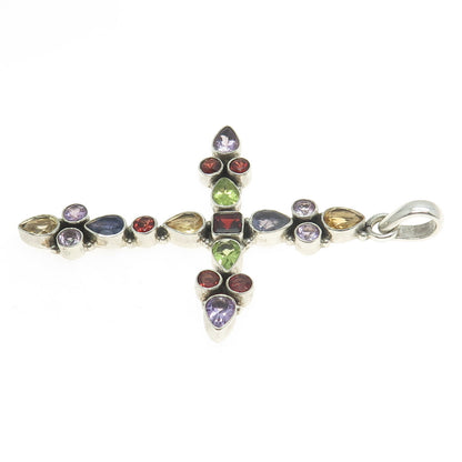 925 Sterling Silver Vintage Amethyst Garnet Citrine Peridot Iolite Cross Pendant