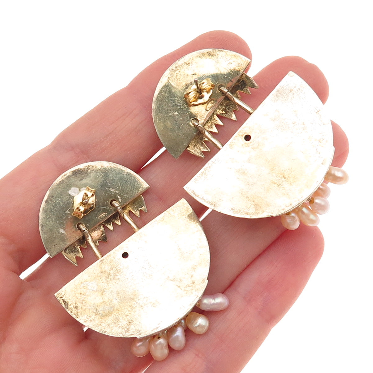 925 Sterling GP Vintage Real Amethyst & Pearl Modernist Earrings (missing pearl)