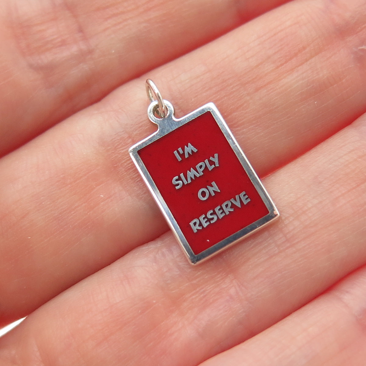 925 Sterling Silver Red Enamel I'm Simply On Reserve Minimalist Charm Pendant