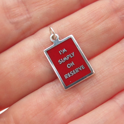 925 Sterling Silver Red Enamel I'm Simply On Reserve Minimalist Charm Pendant