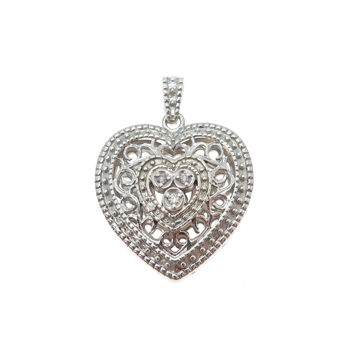 925 Sterling Silver Real Round-Cut Diamond Ornate Heart Charm Pendant
