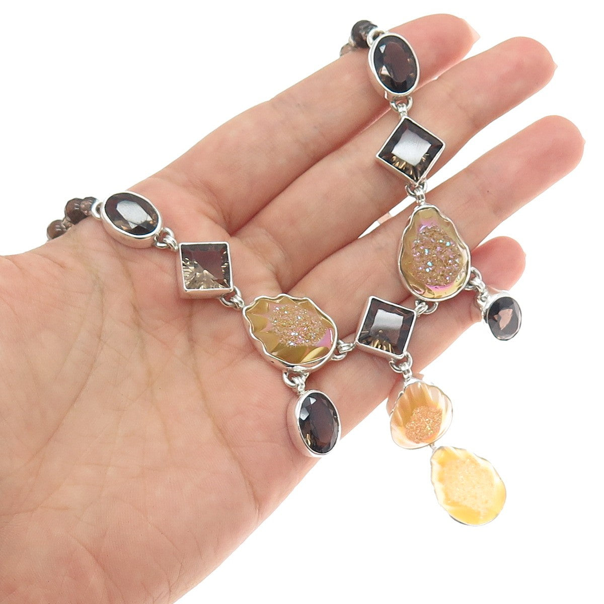 AF DESIGN Sterling Silver Vintage Real Smoky Quartz & Druzy Beaded Necklace 20"