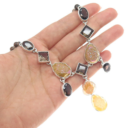 AF DESIGN Sterling Silver Vintage Real Smoky Quartz & Druzy Beaded Necklace 20"