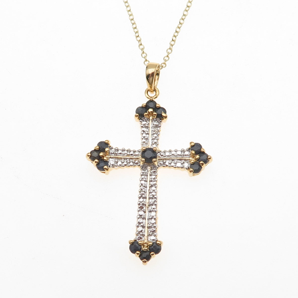 Ross Simons 925 Sterling Gold Plated Real Diamond & Sapphire Cross Necklace 18"