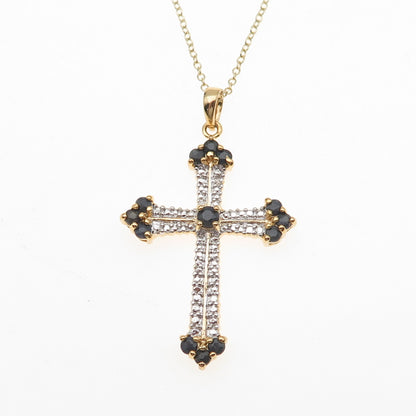 Ross Simons 925 Sterling Gold Plated Real Diamond & Sapphire Cross Necklace 18"