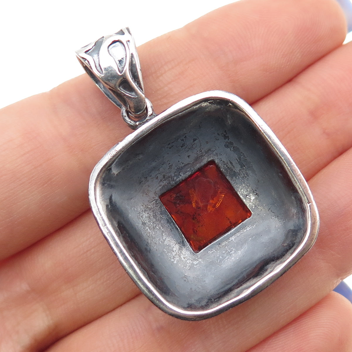 925 Sterling Silver Vintage Real Amber Swirl Oxidized Charm Pendant