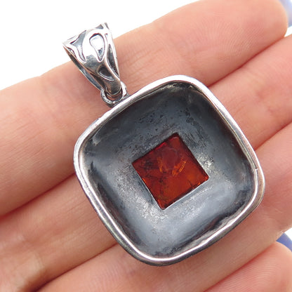 925 Sterling Silver Vintage Real Amber Swirl Oxidized Charm Pendant