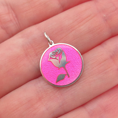 925 Sterling Silver Pink Enamel Rose Flower Round Tag Mini Charm Pendant