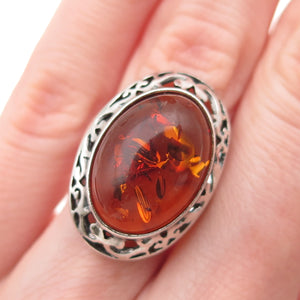VALERIO V8 925 Sterling Silver Vintage Poland Real Amber Modernist Ring Size 6