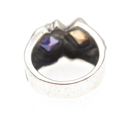 925 Sterling Silver Vintage Lab-Created Multi-Sapphire Modernist Ring Size 6.5