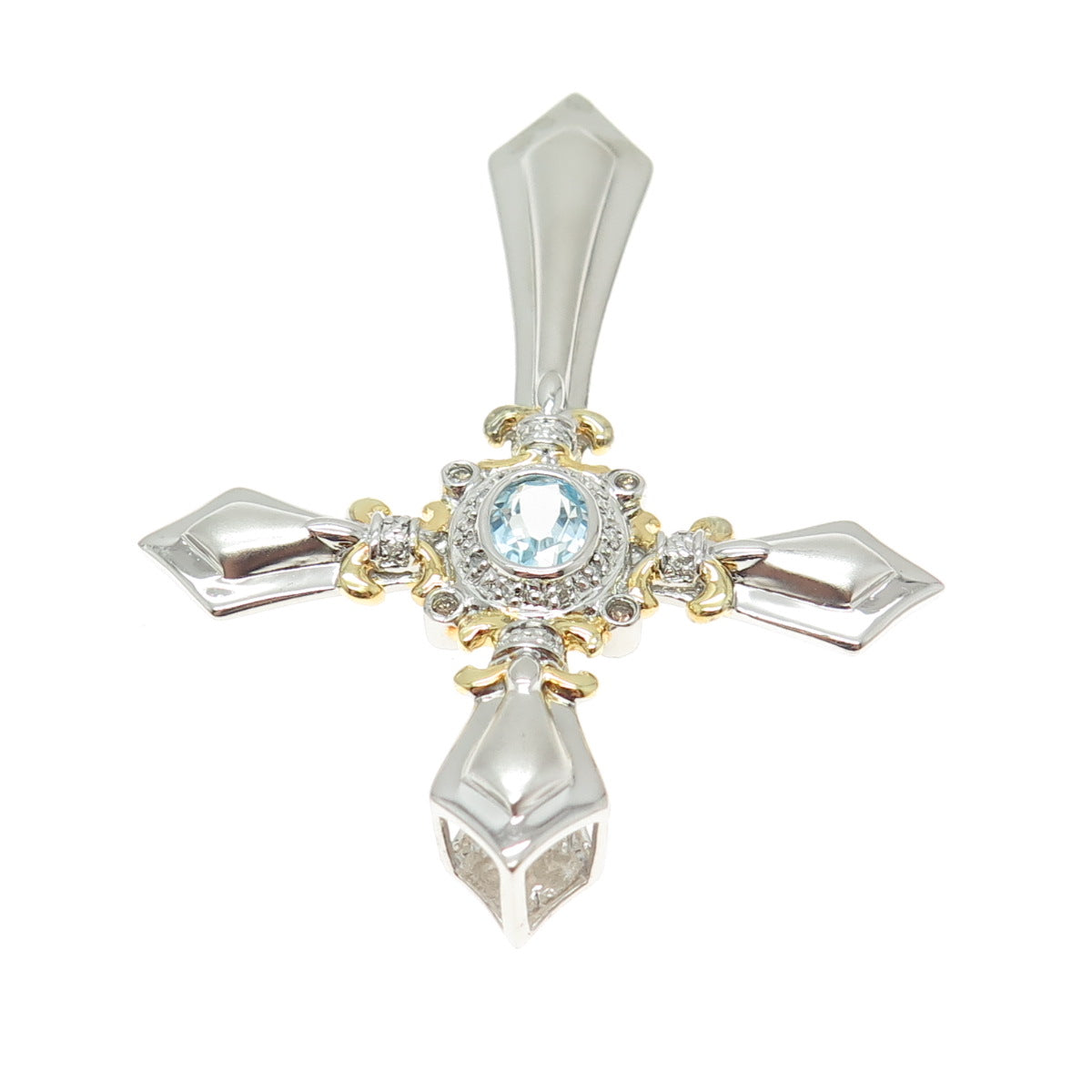 925 Sterling Silver 2-Tone Real Diamond & Blue Topaz Cross Pendant