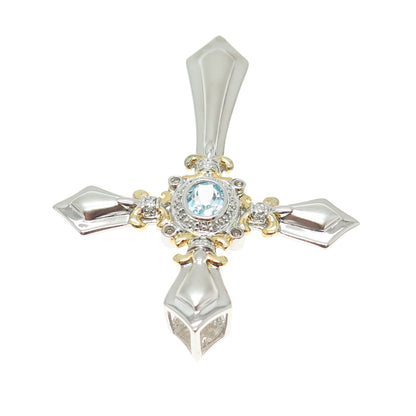 925 Sterling Silver 2-Tone Real Diamond & Blue Topaz Cross Pendant