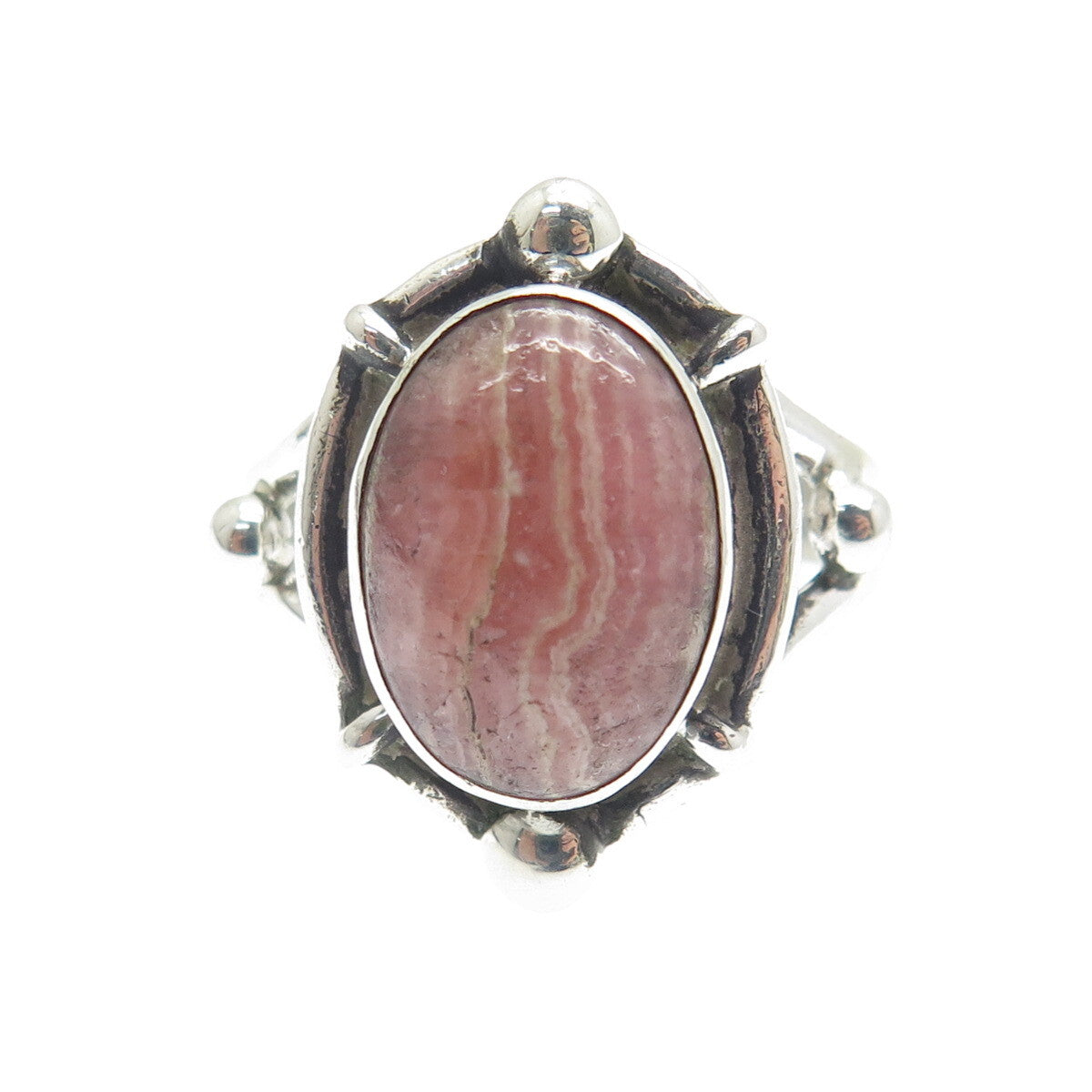 925 Sterling Silver Vintage Real Picture Rhodochrosite Gem Beaded Ring Size 8.75