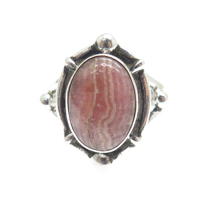 925 Sterling Silver Vintage Real Picture Rhodochrosite Gem Beaded Ring Size 8.75