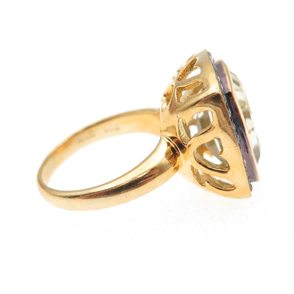925 Sterling Silver Gold Plated Real Diamond & Green Amethyst Ring Size 4.75
